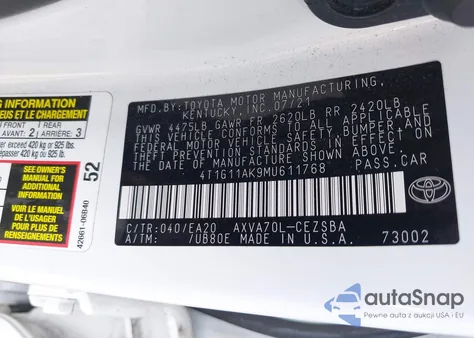 2021 Toyota Camry Se z USA, uszkodzony, nr VIN 4T1G11AK9MU611768